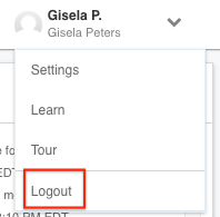 Account menu dropdown showing the user's profile picture, name, and a Logout option