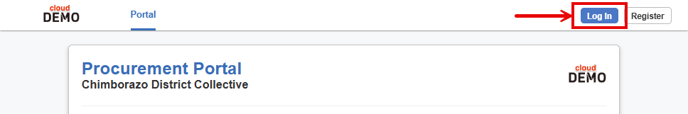 Portal top navigation bar with a blue LOG IN button in the top-right corner
